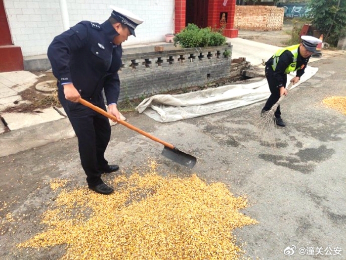 近日，潼关公安及时劝阻群众占道晒粮，并帮助当事人一起把晾晒的玉米收拾装车。