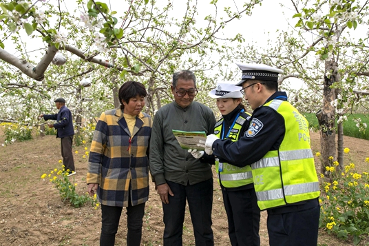 4月21日下午，白水县公安局交通管理大队法督中队宣传民警走进果园开展文明交通知识宣传。
