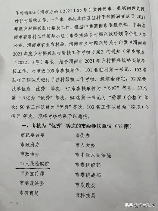 渭南市检察院驻村帮扶工作被综合评定为优秀等次