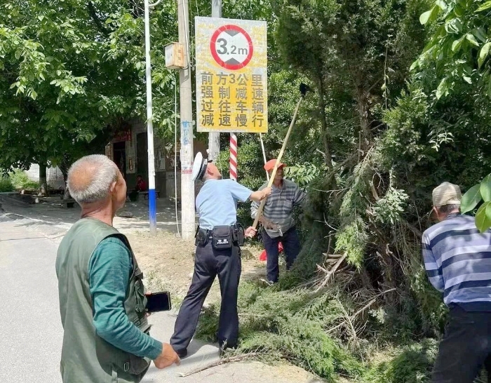 潼关交警对遮挡标志标牌道路的树木进行清理修剪，消除交通安全隐患.
