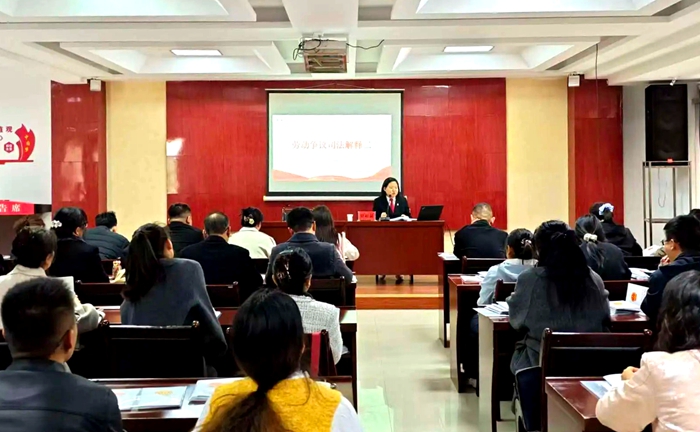 韩城法院民一庭副庭长贾靖晶为全市企业工会干事开展法律培训。
